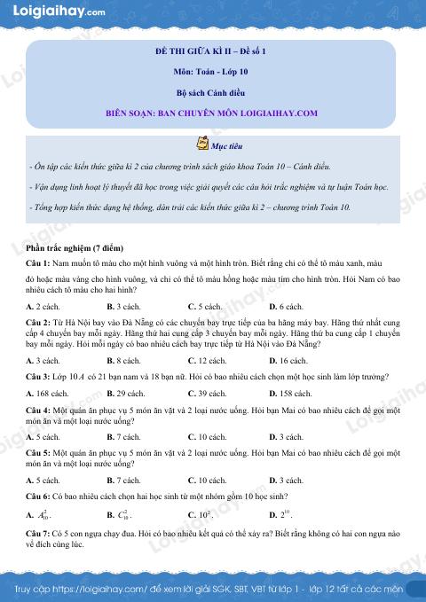 Đề thi giữa kì 2 Toán 10 Cánh diều - Đề số 1